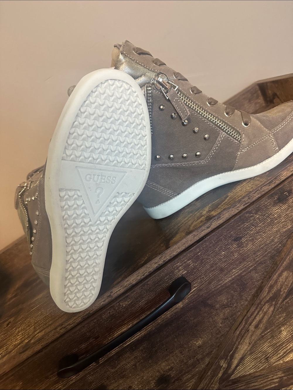Guess Taupe Wedge High-Top Sneakers with Stud & Side Zipper - Picture 6 of 6